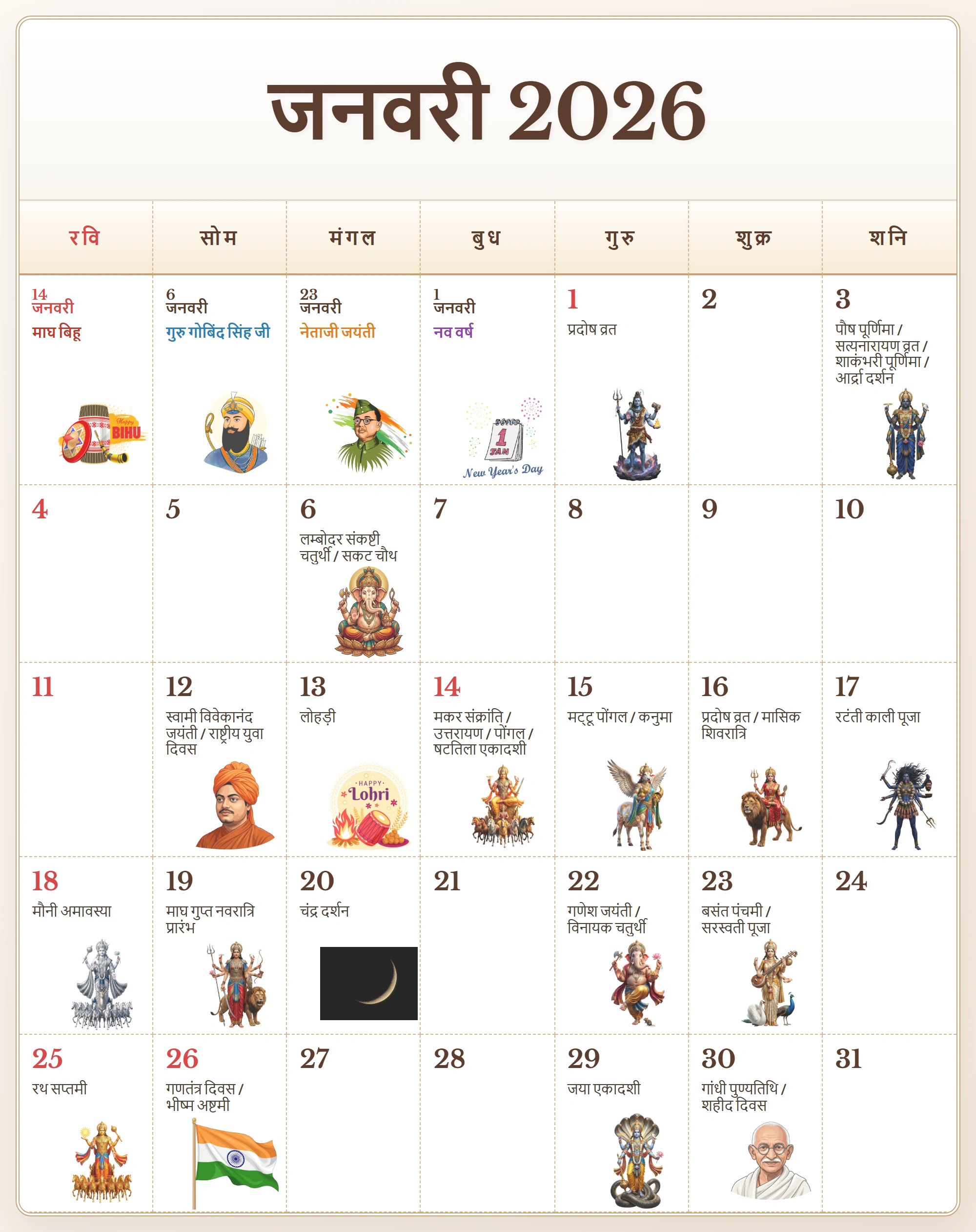 hindi calendar 2026 january