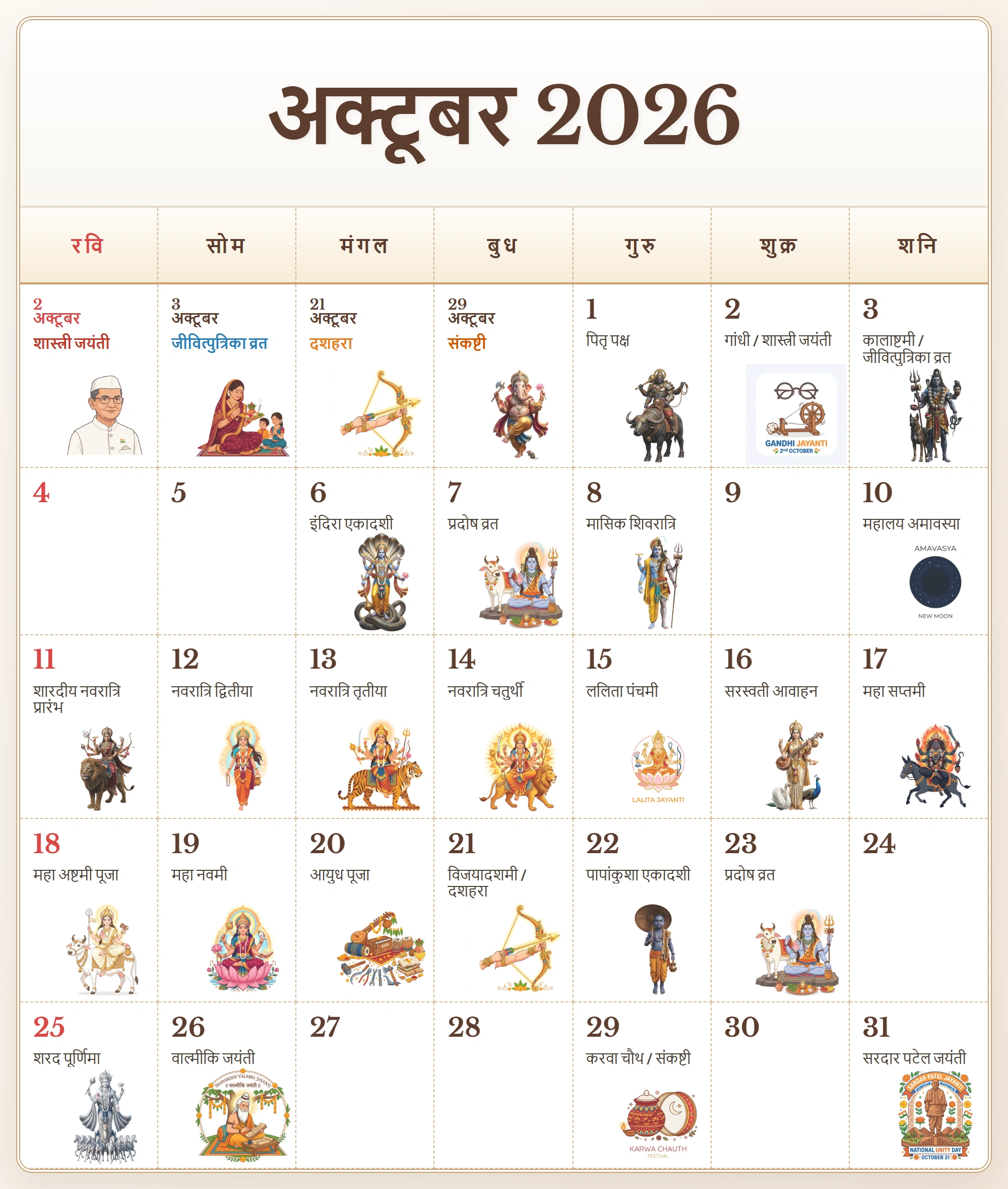 Hindi Calendar 2026 October 