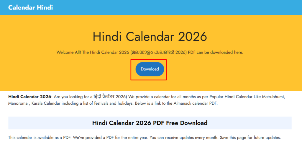 Hindi Calendar 2026 PDF Free Download